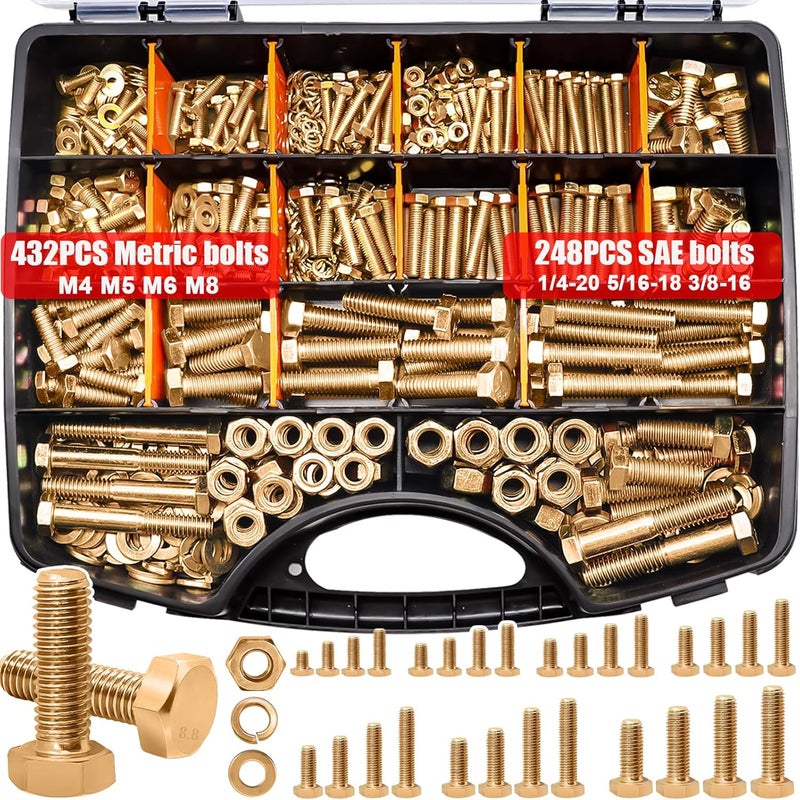 Twidec /Metric＆SAE Bolt Assortment,Grade 8.8 Hex Head Bolts and Nuts Assortment Kit, M4 M5 M6 M8 1/4-20 5/16-18 3/8-16 Heavy Duty Nuts and Bolts Kit Gold Zinc Plating with Storage Case - Image 1